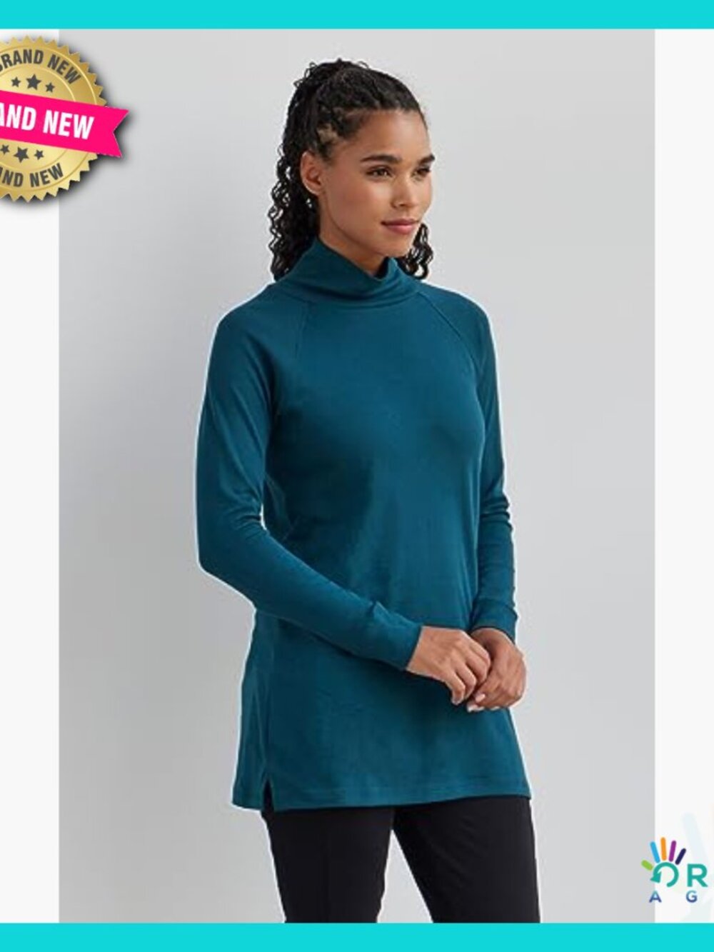 Luxe Organic Cotton Mock Neck Tunic Long Sleeve Cozy Minimal Chic Top - Picture 2 of 7
